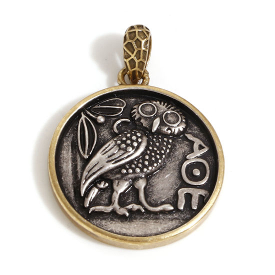 Imagen de 1 Unidad Latón Coin Colgantes Plata Antigua Bronce Antiguo Dos Colores Ronda Búho 3.2cm x 2.3cm