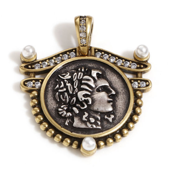 Imagen de 1 Unidad Latón Coin Colgantes Charms Plata Antigua Bronce Antiguo Dos Colores Ronda Retrato Cabeza Doble Cara Claro Circón Artificial 28cm x 24mm