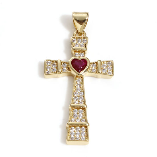 Immagine di Ottone Religione Ciondoli Croce 18K Vero Oro Placcato Cuore Micro Spianare Trasparente & Rosso Cubic Zirconiae 3.5cm x 1.7cm, 1 Pz