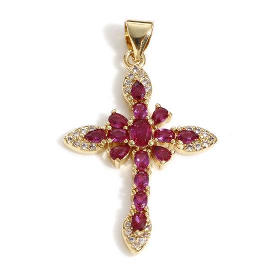 Image de Pendentifs Religieux en Laiton Croix Plaqué Or Véritable 18K à Zircone Cubique Fuchsia 3.6cm x 2.1cm, 1 Pièce