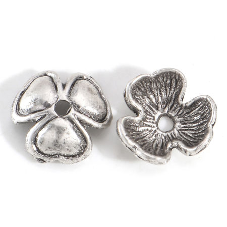 Image de Coupelles en Alliage de Zinc (Sans Plomb & Nickel & Cadmium) Fleur Argent Vieilli (Convenable à Perle 14mm Dia.) 10mm x 9.5mm, 20 Pcs