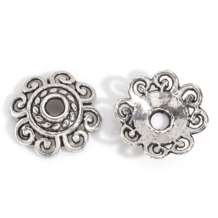Image de Coupelles en Alliage de Zinc (Sans Plomb & Nickel & Cadmium) Fleur Argent Vieilli (Convenable à Perle 20mm Dia.) 12mm x 12mm, 20 Pcs
