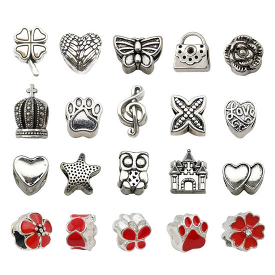 Picture of Zinc Based Alloy European Style Large Hole Charm Beads Red At Random Mixed Butterfly Enamel 18x10mm - 8x8mm, Hole: Approx 4.5mm, 1 Packet ( 20 PCs/Packet)