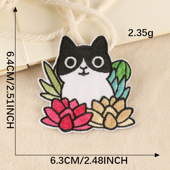 Picture of Polyester Iron On Patches Appliques (With Glue Back) DIY Sewing Craft Clothing Decoration Multicolor Cat Animal Flower 6.4cm x 6.3cm, 1 Piece