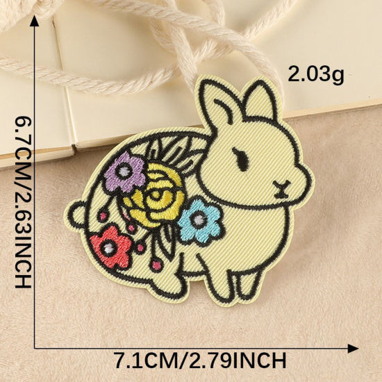 Picture of Polyester Iron On Patches Appliques (With Glue Back) DIY Sewing Craft Clothing Decoration Multicolor Rabbit Animal Flower 7.1cm x 6.7cm, 1 Piece