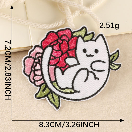 Picture of Polyester Iron On Patches Appliques (With Glue Back) DIY Sewing Craft Clothing Decoration Multicolor Cat Animal Flower 8.3cm x 7.2cm, 1 Piece