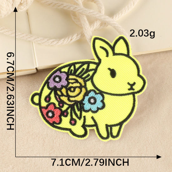 Picture of Polyester Iron On Patches Appliques (With Glue Back) DIY Sewing Craft Clothing Decoration Multicolor Rabbit Animal Flower 7.1cm x 6.7cm, 1 Piece