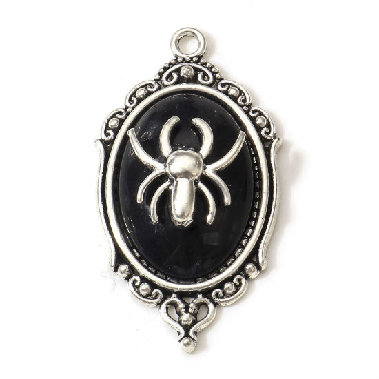 Bild von 5 Stück Zinklegierung Anhänger Antiksilber Schwarz Spiegel Halloween Spinne Mit Harz Cabochons 4.3cm x 2.4cm