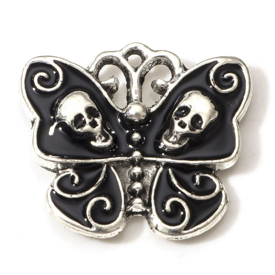 Imagen de Zamak Halloween Colgantes Charms Plata Antigua Negro Mariposa Cráneo Esmalte 23mm x 21mm, 10 Unidades