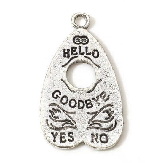 Picture of Zinc Based Alloy Pendants Antique Silver Color Ouija Board Heart Message " goodbye hello " 3.1cm x 1.8cm, 10 PCs