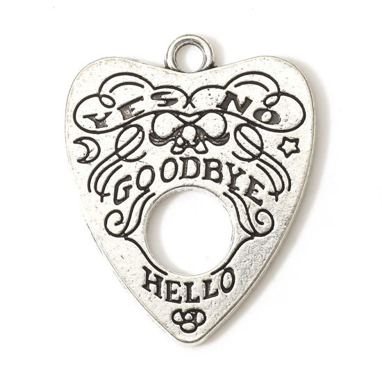 Picture of Zinc Based Alloy Charms Antique Silver Color Ouija Board Heart Message " goodbye hello " 28mm x 22mm, 10 PCs