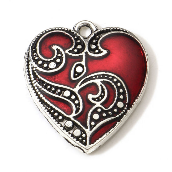 Imagen de 10 Unidades Zamak Gótico Colgantes Charms Plata Antigua Rojo Corazón Flor de vid Esmalte 23mm x 20.5mm
