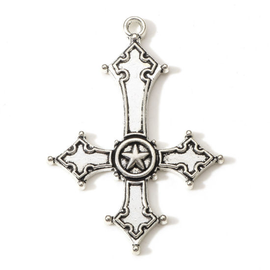 Picture of Zinc Based Alloy Religious Pendants Antique Silver Color Cross Pentagram Star 5.4cm x 3.9cm, 5 PCs