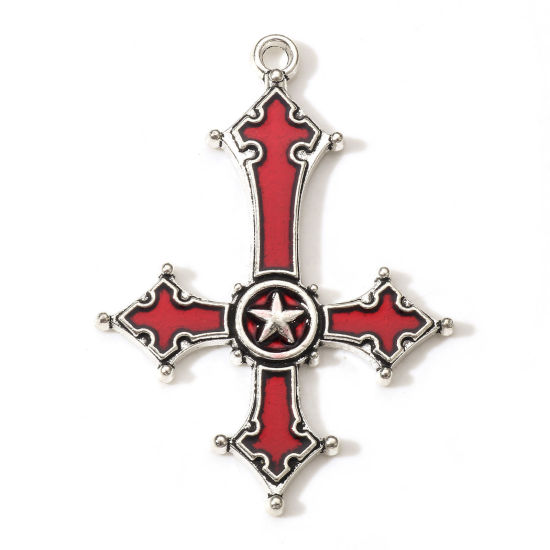 Picture of Zinc Based Alloy Religious Pendants Antique Silver Color Red Cross Pentagram Star Enamel 5.4cm x 3.9cm, 5 PCs