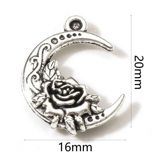 Picture of Zinc Based Alloy Galaxy Charms Antique Silver Color Half Moon Rose Flower Double Sided 20mm x 16mm, 20 PCs