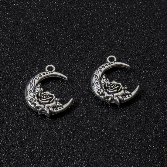 Picture of Zinc Based Alloy Galaxy Charms Antique Silver Color Half Moon Rose Flower Double Sided 20mm x 16mm, 20 PCs