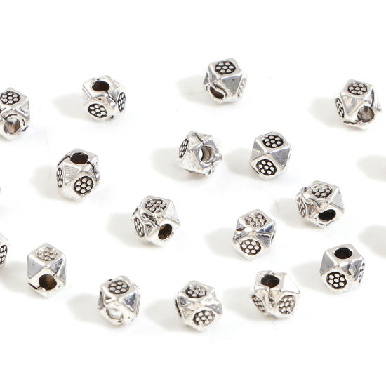 Picture of Zinc Based Alloy Spacer Beads For DIY Jewelry Making Antique Silver Color Cube Plum Flower Faceted About 3.5mm x 3.5mm, Hole: Approx 1.2mm, 500 PCs
