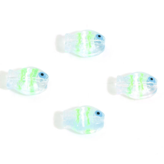 Picture of Lampwork Glass Ocean Jewelry Beads For DIY Jewelry Making Fish Animal Light Green Enamel About 14mm x 10mm, Hole: Approx 0.8mm, 5 PCs