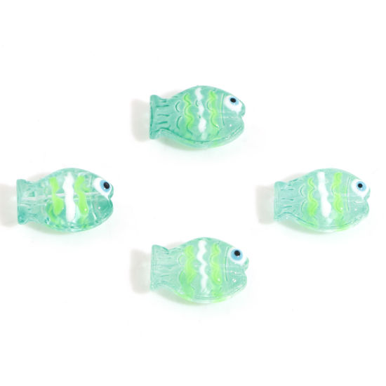 Picture of Lampwork Glass Ocean Jewelry Beads For DIY Jewelry Making Fish Animal Green Enamel About 14mm x 10mm, Hole: Approx 0.8mm, 5 PCs