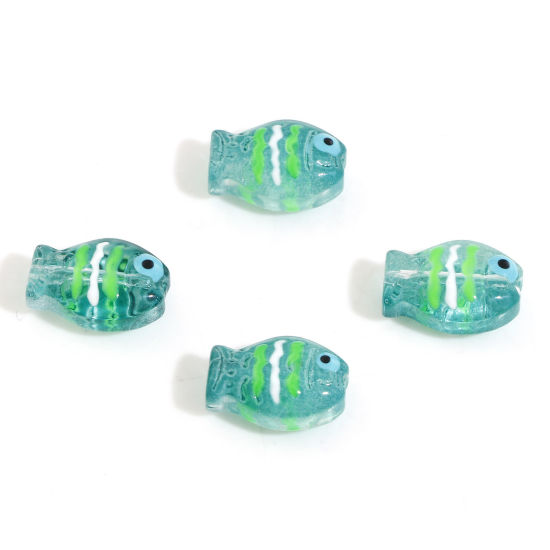 Picture of Lampwork Glass Ocean Jewelry Beads For DIY Jewelry Making Fish Animal Dark Green Enamel About 14mm x 10mm, Hole: Approx 0.8mm, 5 PCs