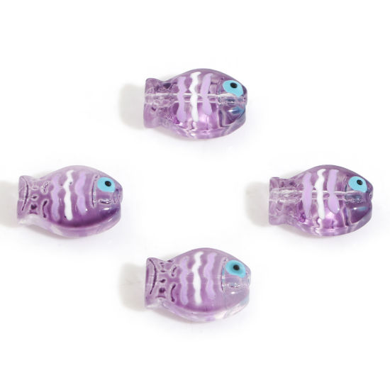 Picture of Lampwork Glass Ocean Jewelry Beads For DIY Jewelry Making Fish Animal Dark Purple Enamel About 14mm x 10mm, Hole: Approx 0.8mm, 5 PCs