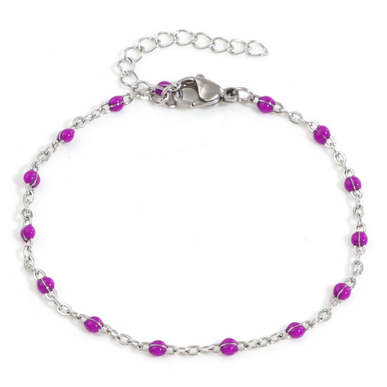 Picture of 304 Stainless Steel Link Cable Chain Bracelets Silver Tone Purple Enamel 17cm(6 6/8") long, 1 Piece
