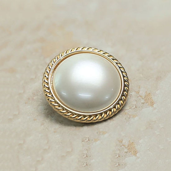 Picture of Alloy Metal Sewing Shank Buttons Gold Plated White Round Acrylic Imitation Pearl 23mm Dia., 2 PCs