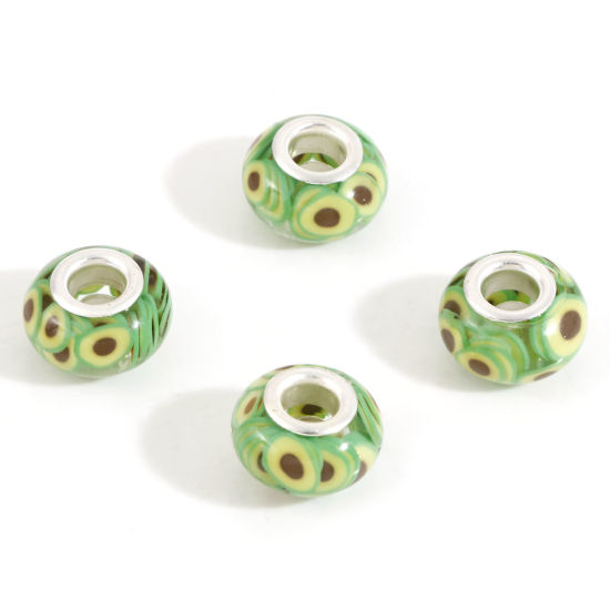 Picture of 10 PCs Resin European Style Large Hole Charm Beads Yellow Round Kiwi Fruit 14mm Dia., Hole: Approx 4.6mm