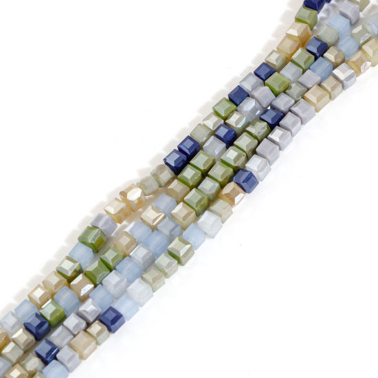 Picture of 1 Strand (Approx 95 PCs/Strand) Glass Beads For DIY Charm Jewelry Making Cube Blue At Random Mixed About 4mm x 4mm, Hole: Approx 1mm, 42cm(16 4/8") long
