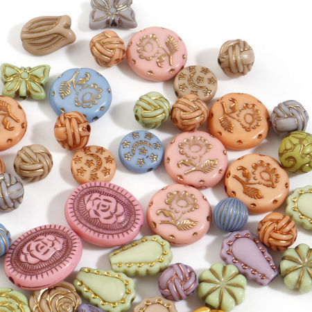 Acrylic Retro Beads For DIY Jewelry Making At Random Mixed Color Mixed Carved Pattern About 22x19mm - 10mm Dia., Hole: Approx 2.6mm-1.2mm, 100 PCs
