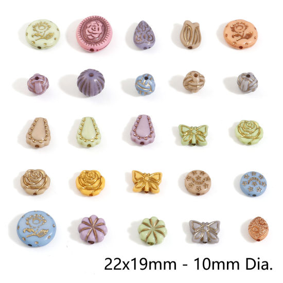 Bild von Acryl-Retro-Perlen für die DIY-Schmuckherstellung, zufällig gemischte Farben, gemischtes geschnitztes Muster, ca. 22 x 19 mm – 10 mm Durchmesser, Loch: ca. 2,6 mm – 1,2 mm, 100 Stück