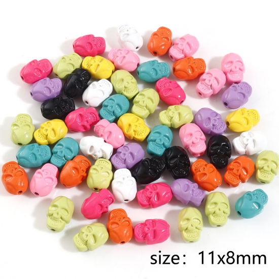 Picture of Zinc Based Alloy Halloween Spacer Beads For DIY Charm Jewelry Making At Random Mixed Color Skeleton Skull Enamel About 11mm x 8mm, Hole: Approx 1.2mm, 10 PCs