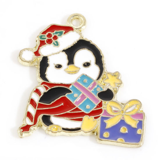 Immagine di Lega di Zinco Natale Charms Oro Chiaro Multicolore Pinguino Pacco Regalo Smalto 29mm x 27mm, 10 Pz