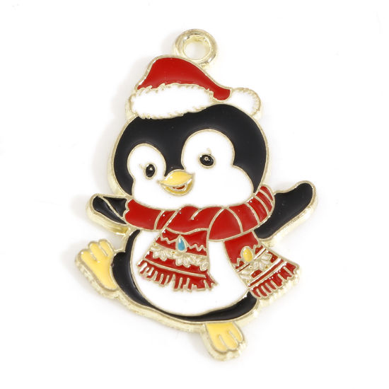 Immagine di Lega di Zinco Natale Ciondoli Oro Chiaro Multicolore Pinguino Cappelli di Natale Smalto 3.3cm x 2.2cm, 10 Pz