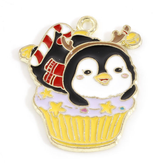 Immagine di Lega di Zinco Natale Charms Oro Chiaro Multicolore Pinguino Gruccia di Zucchero di Natale Smalto 29mm x 24mm, 10 Pz