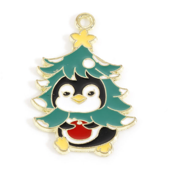 Immagine di Lega di Zinco Natale Ciondoli Oro Chiaro Multicolore Pinguino Albero di Natale Smalto 3.1cm x 2.1cm, 10 Pz