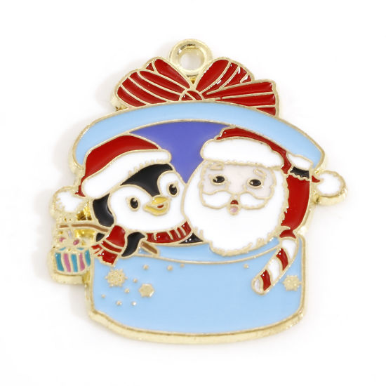 Immagine di Lega di Zinco Natale Charms Oro Chiaro Multicolore Pinguino Babbo Natale Smalto 29mm x 26mm, 10 Pz