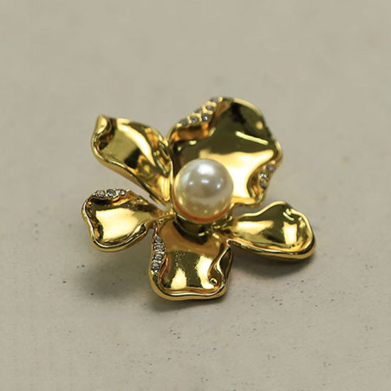 Picture of Alloy Metal Sewing Shank Buttons Golden Flower Acrylic Imitation Pearl 24mm Dia., 2 PCs