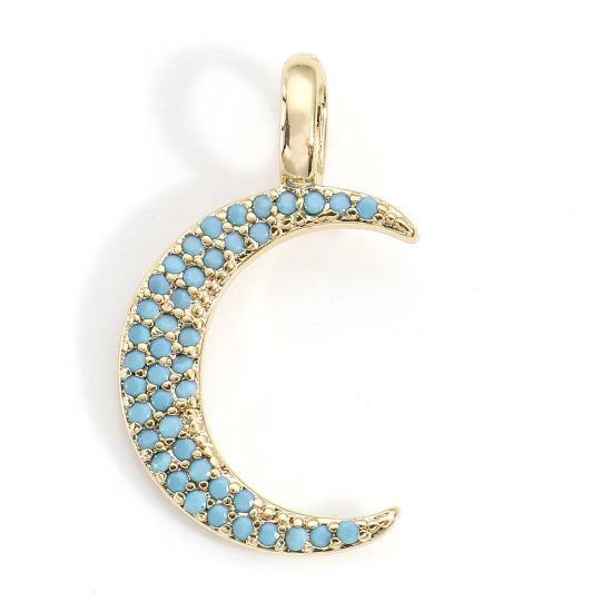 Image de Breloques Galaxie en Laiton Demi Lune Plaqué Or Véritable 18K Micro Pave à Zircone Cubique Bleu 22mm x 12.5mm, 2 Pcs