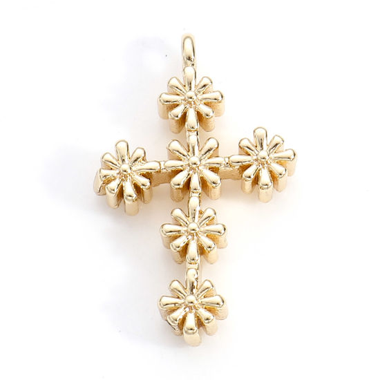 Image de Breloques Religieux en Laiton Croix Plaqué Or Véritable 18K Fleurs 21mm x 13mm, 2 Pcs