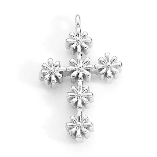 Bild von Messing Religiös Charms Echt Platin plattiert Kreuz Blumen 21mm x 13mm, 2 Stück