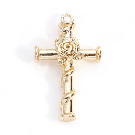 Bild von Messing Religiös Charms 18K Echtgold plattiert Kreuz Rose 24.5mm x 15mm, 2 Stück