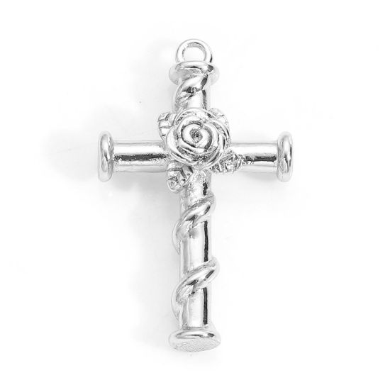 Bild von Messing Religiös Charms Echt Platin plattiert Kreuz Rose 24,5mm x 15mm, 2 Stück