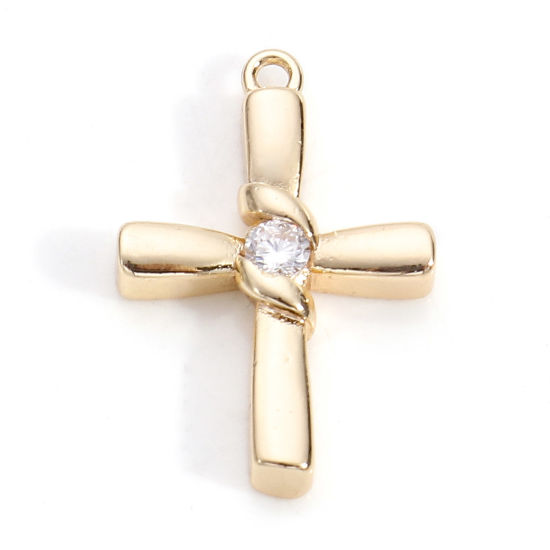 Picture of Brass Religious Charms 18K Real Gold Plated Cross Clear Cubic Zirconia 21mm x 14mm, 2 PCs