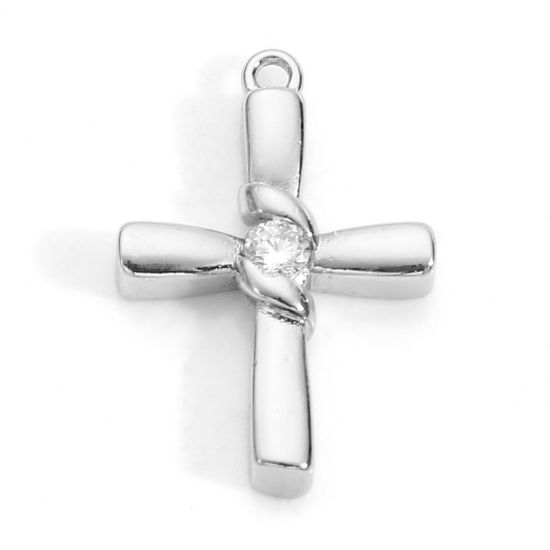 Bild von Messing Religiös Charms Echt Platin plattiert Kreuz Klar Zirkonia 21mm x 14mm, 2 Stück