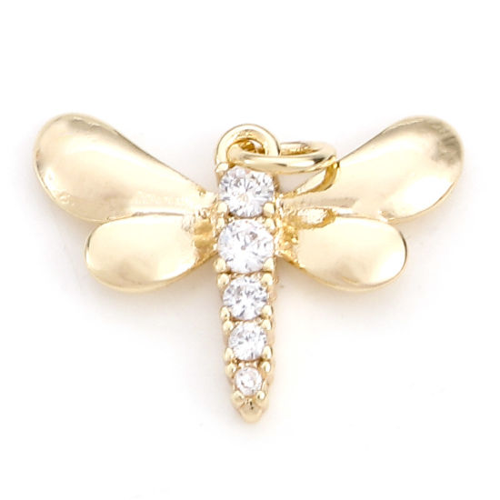 Immagine di Ottone Insetto Charms Libellula 18K Vero Oro Placcato Trasparente Cubic Zirconiae 20mm x 18mm, 2 Pz