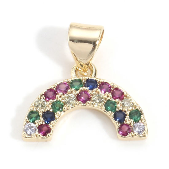 Picture of 2 PCs Brass Weather Collection Charm Pendant 18K Real Gold Plated Rainbow Micro Pave Multicolour Cubic Zirconia 15mm x 14.5mm