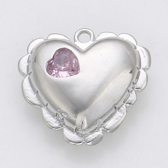 Immagine di Ottone San Valentino Charms Cuore Vero Platino Placcato Filigrana Rosa Pallido Cubic Zirconiae 16mm x 15mm, 2 Pz