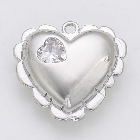 Immagine di Ottone San Valentino Charms Cuore Vero Platino Placcato Filigrana Trasparente Cubic Zirconiae 16mm x 15mm, 2 Pz