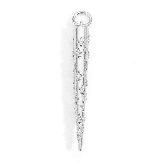 Bild von Messing Micro Pave Anhänger Echt Platin plattiert Kegel Klar Zirkonia 3,7cm x 0,4cm, 2 Stück